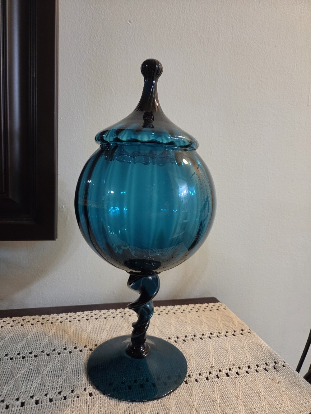 Vintage Empoli Glass Teal Peacock Blue Circus Tent Apothecary Jar, Italian Art